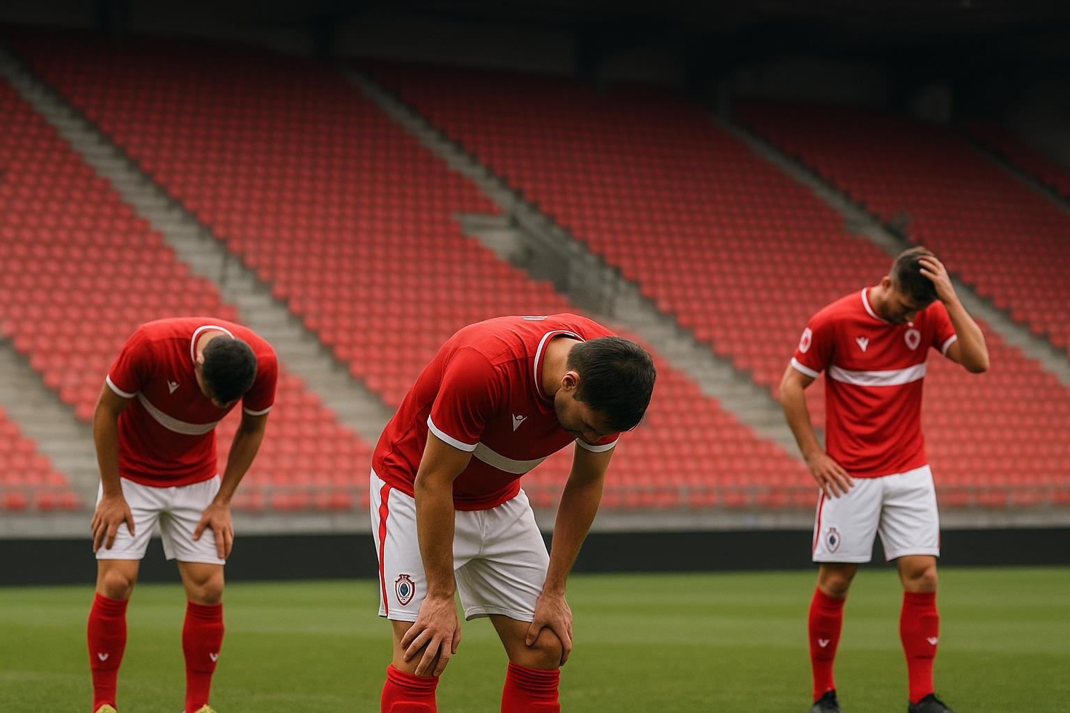 Teleurgestelde spelers van Royal Antwerp FC in een stadionomgeving