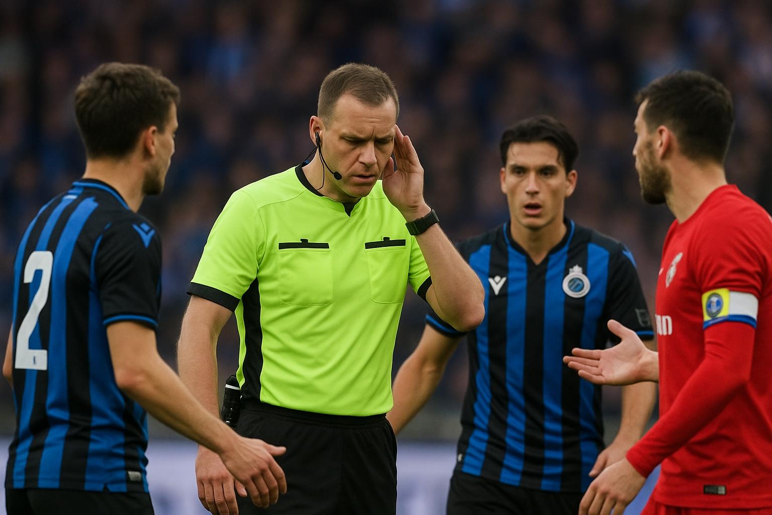 Spelmoment met discussie rond een VAR-beslissing in een wedstrijd van Club Brugge