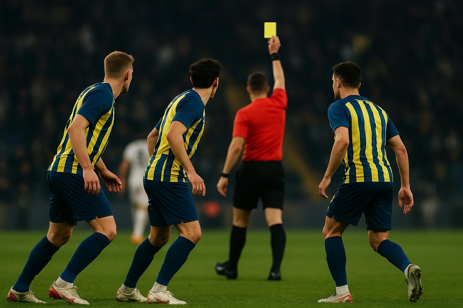 Spelers van Union Saint-Gilloise in Europese wedstrijdsfeer, met focus op spanning rond gele kaarten
