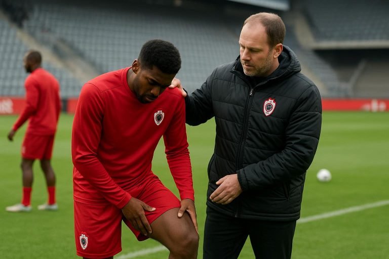Sfeerbeeld van Royal Antwerp FC tijdens de opwarming, met focus op de bezorgdheid na een blessure.