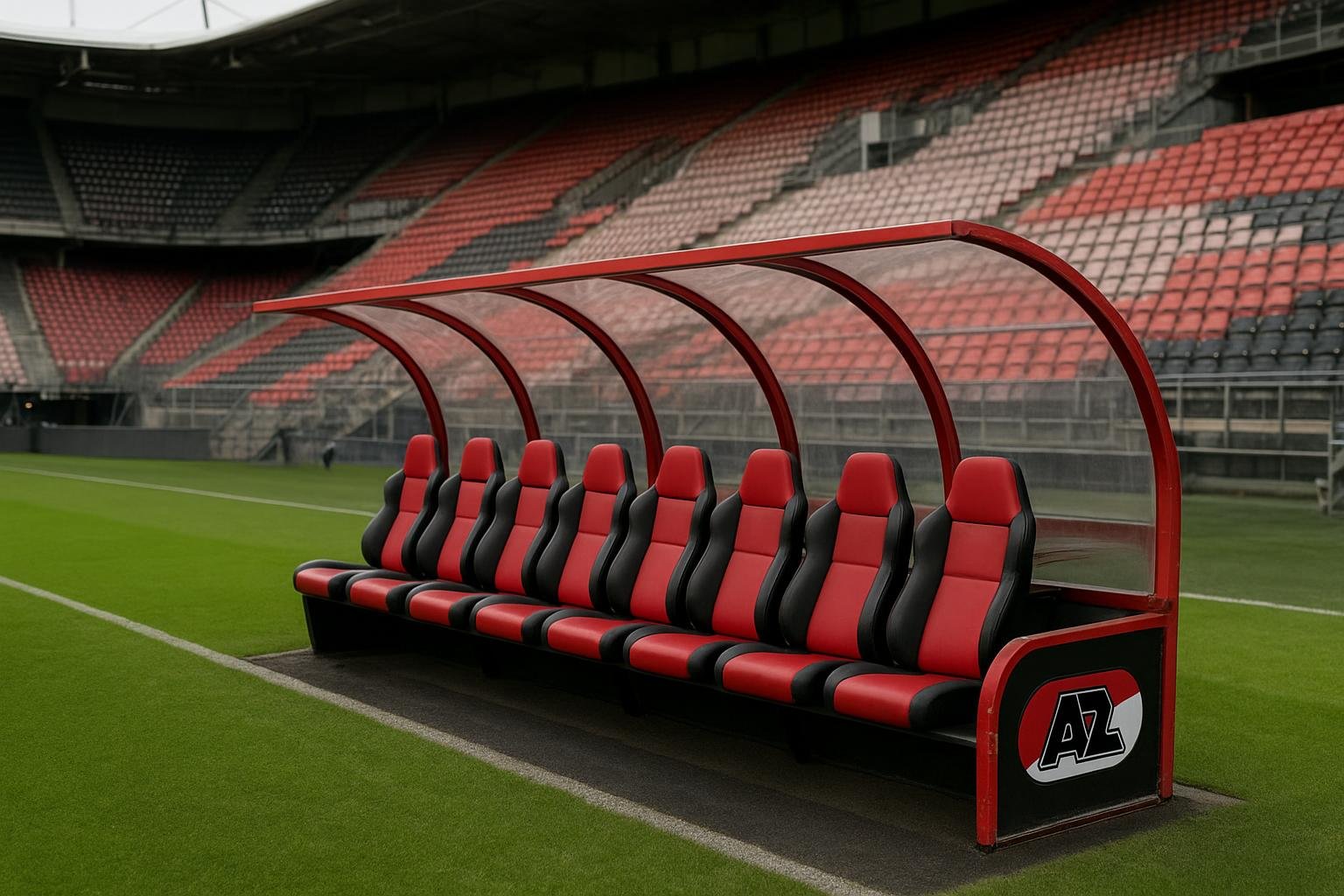Stadionomgeving bij AZ met focus op de trainerszone en dug-out
