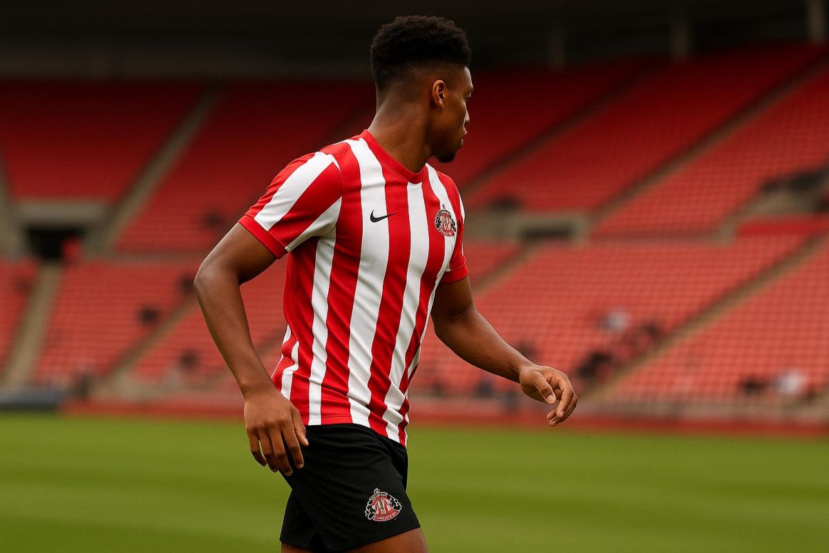 Noah Sadiki in actie voor Sunderland tijdens een wedstrijd in Engeland