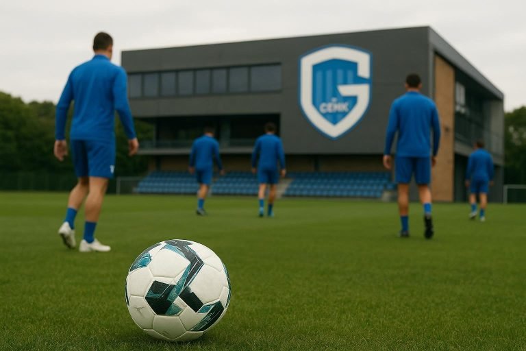 Trainingbeeld van KRC Genk met spelers op het oefenveld, zonder herkenbare gezichten