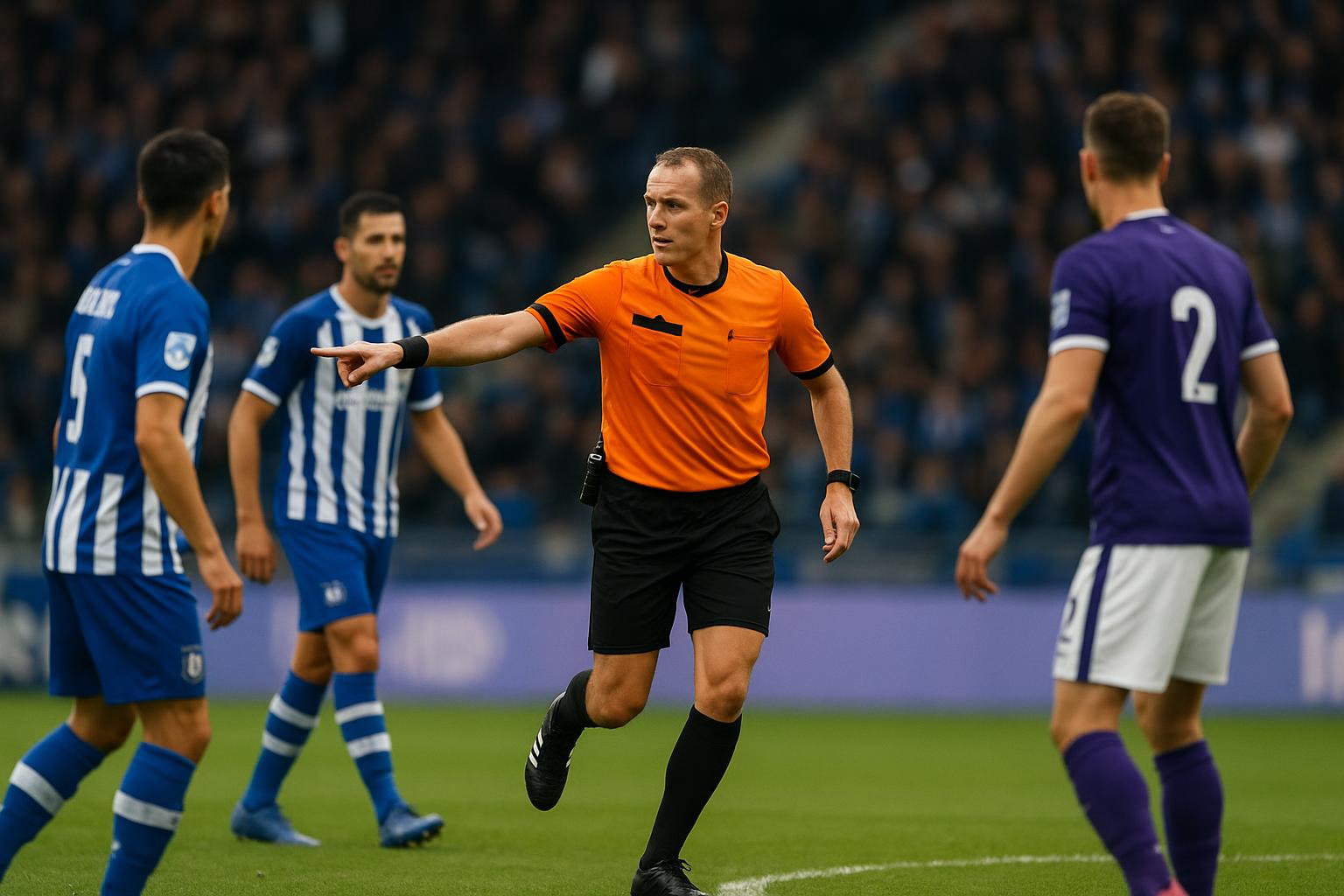 Scheidsrechter Lawrence Visser tijdens KAA Gent tegen Anderlecht, met focus op de besproken strafschopfase
