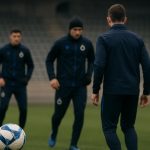 Spelers van Club Brugge in een gespannen moment in de aanloop naar de wedstrijd tegen Kairat Almaty