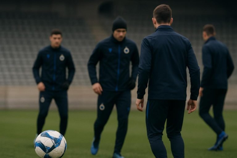Spelers van Club Brugge in een gespannen moment in de aanloop naar de wedstrijd tegen Kairat Almaty