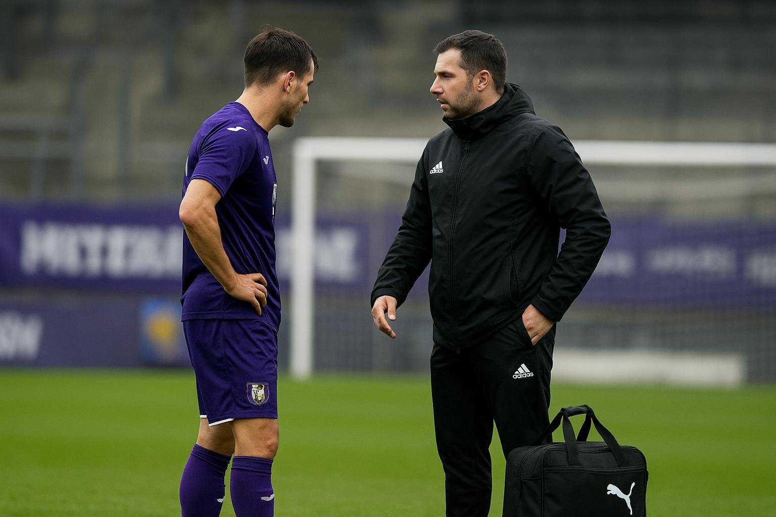 Medische staf van RSC Anderlecht tijdens een trainingsmoment met spelers op de achtergrond