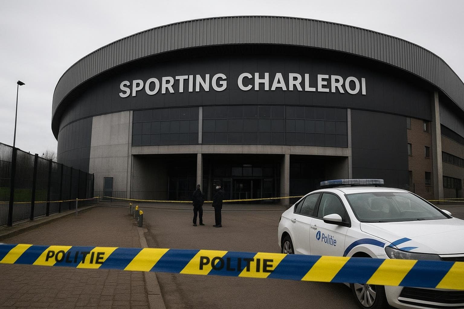 Politie en stewards aan de buitenzijde van het Stade du Pays de Charleroi tijdens verhoogde veiligheidsmaatregelen