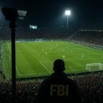 Beveiliging rond een verlicht voetbalstadion tijdens een internationale wedstrijd