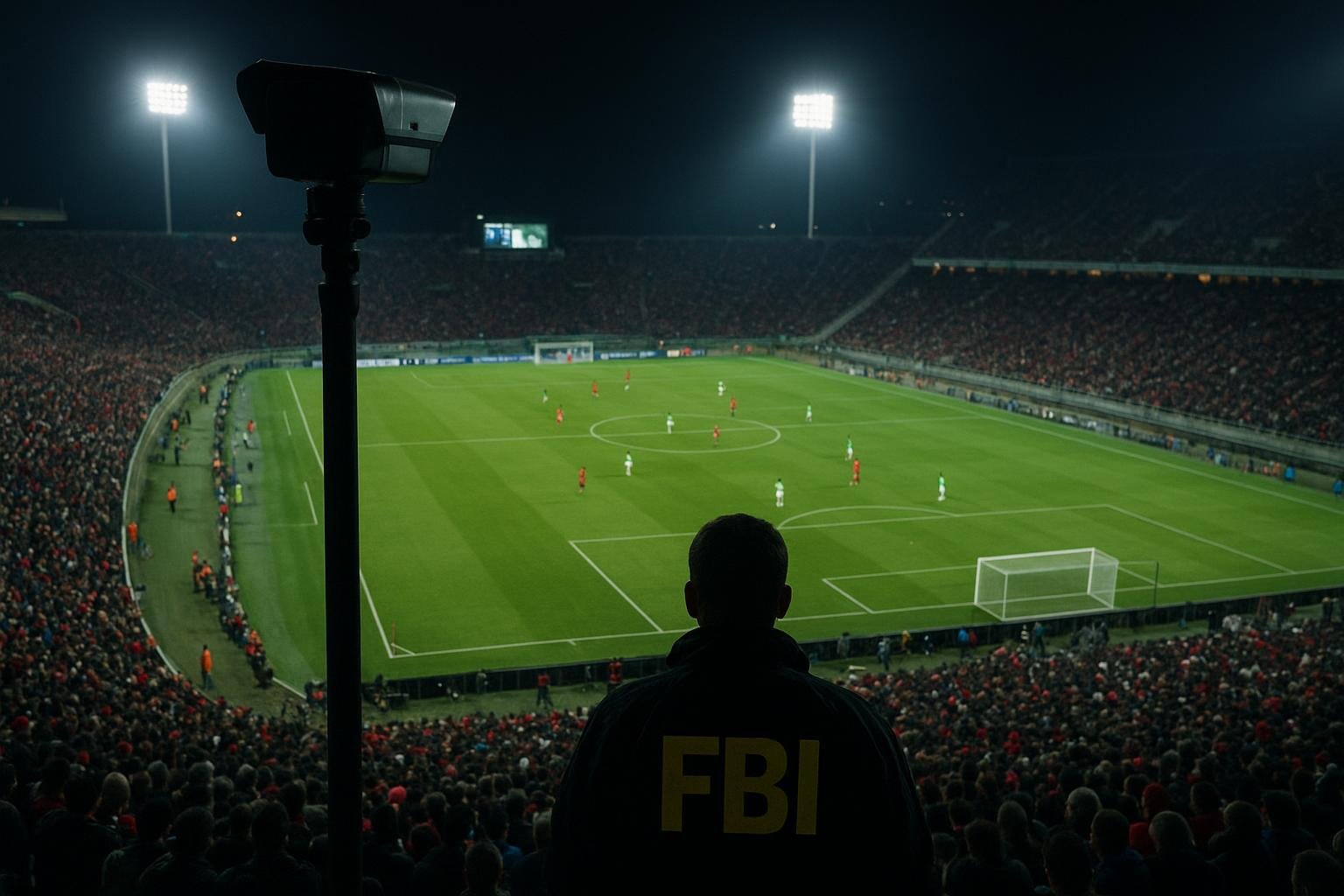 Beveiliging rond een verlicht voetbalstadion tijdens een internationale wedstrijd