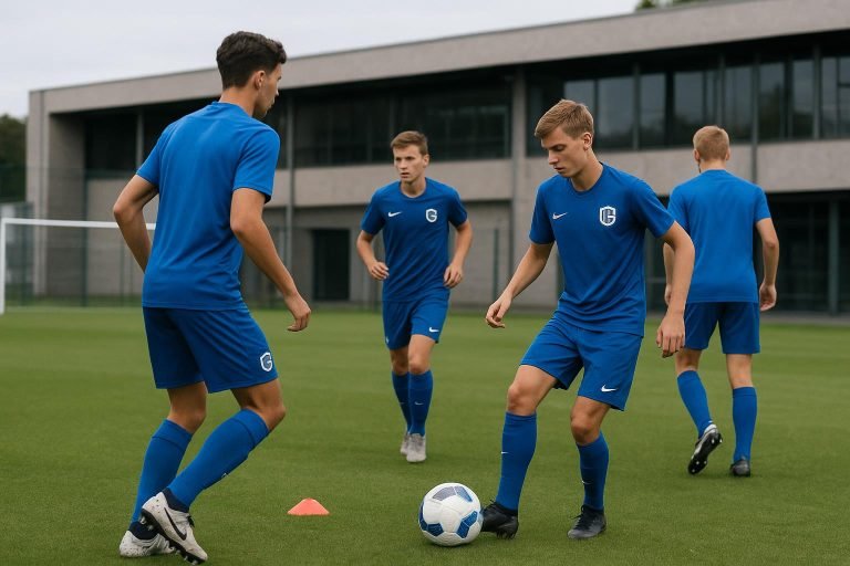 Beeld van een training bij KRC Genk met jeugdspelers op het veld