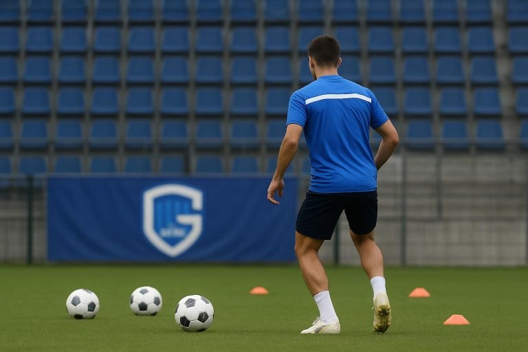 Een speler van KRC Genk tijdens een trainingsmoment in clubkleuren, met focus op de stap richting A-kern.