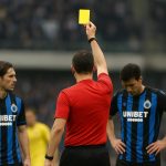 Stadionbeeld met spelers van Club Brugge tijdens een wedstrijd, met focus op de defensie