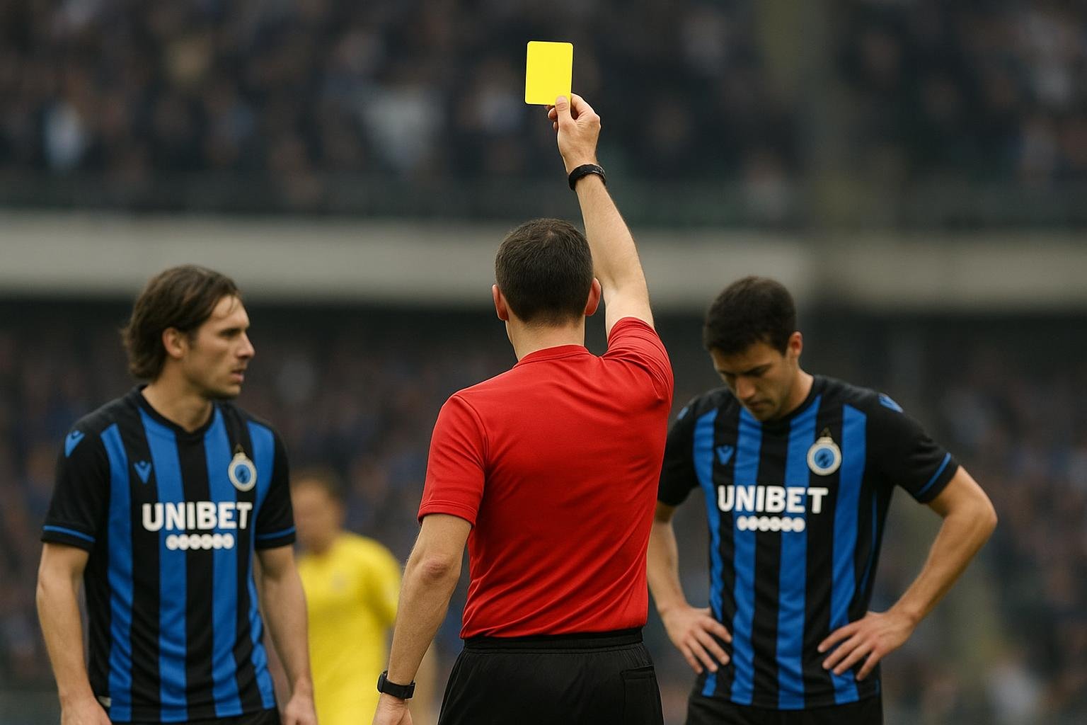 Stadionbeeld met spelers van Club Brugge tijdens een wedstrijd, met focus op de defensie