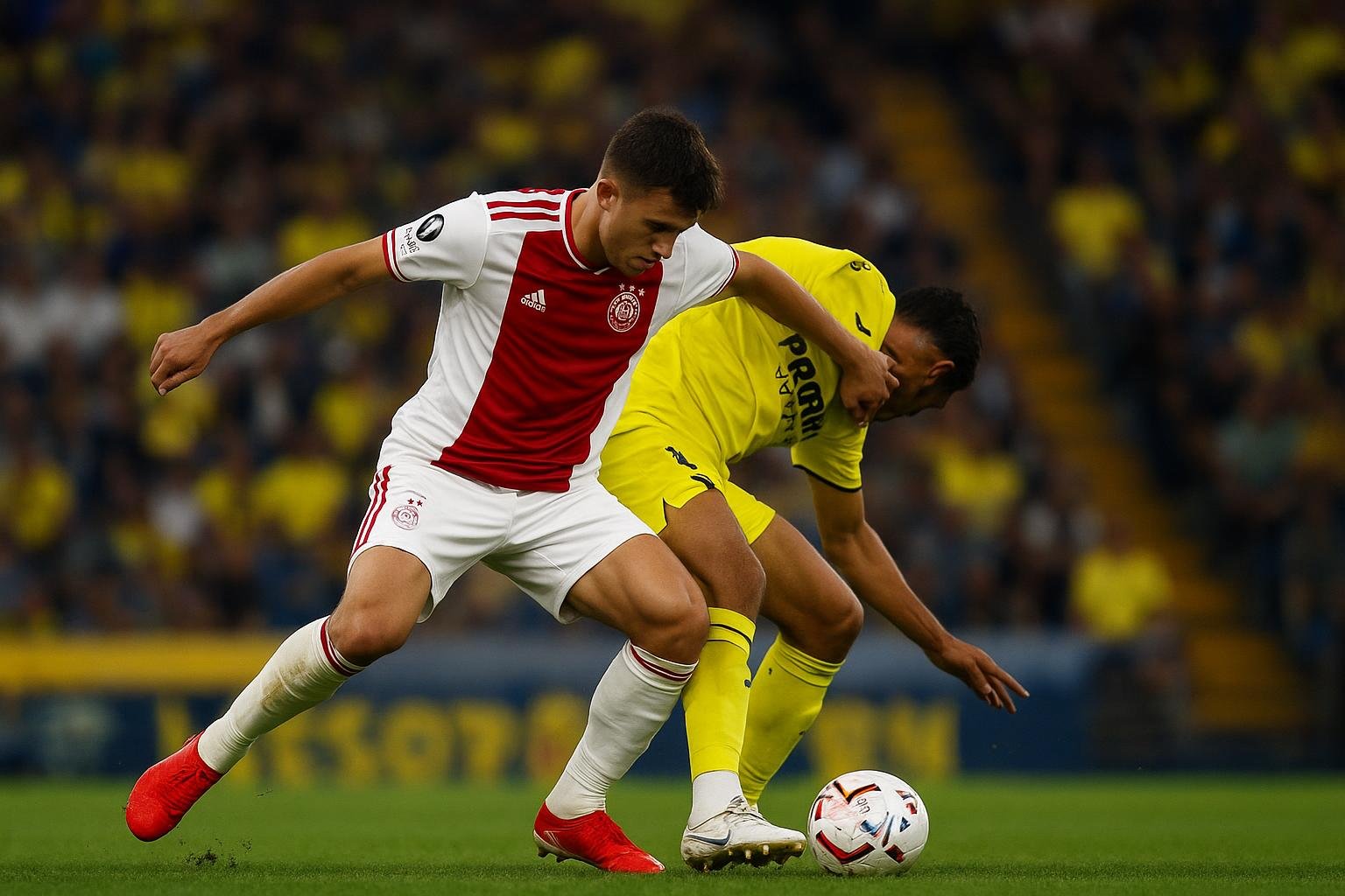 Mika Godts in actie voor Ajax tijdens de Champions League-wedstrijd op Villarreal
