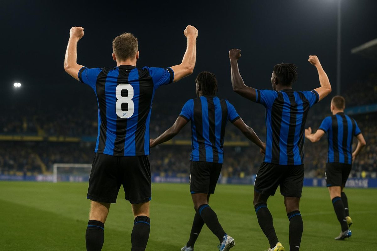 Spelers van Club Brugge vieren samen een doelpunt tijdens de uitwedstrijd tegen Kairat Almaty in Astana.