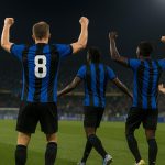 Spelers van Club Brugge vieren samen een doelpunt tijdens de uitwedstrijd tegen Kairat Almaty in Astana.