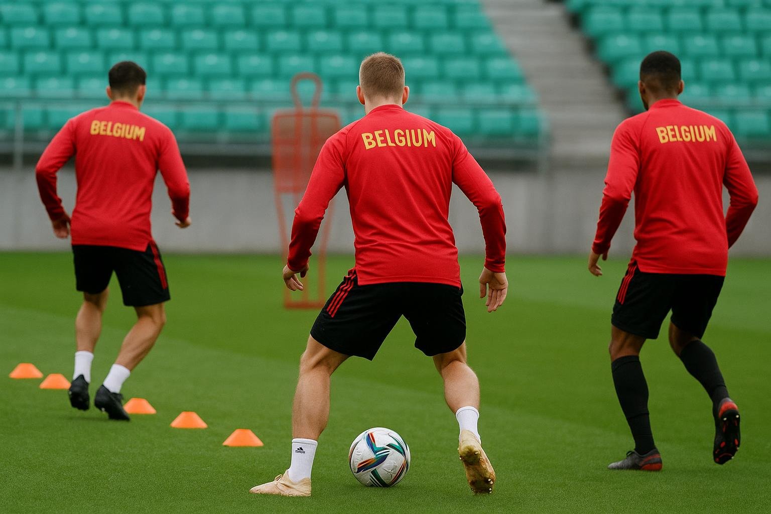 Sfeerbeeld rond de Rode Duivels met focus op een aanvaller tijdens een trainingsmoment