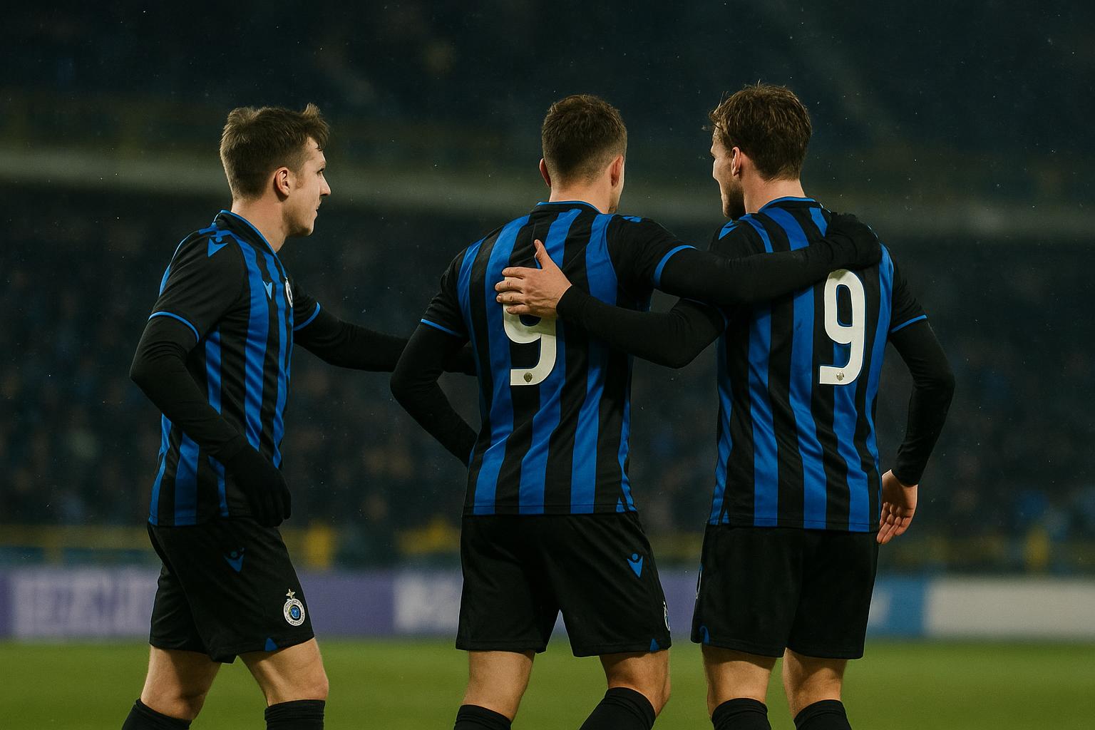 Spelers van Club Brugge vieren op het veld na de zege tegen Kairat Almaty in Astana