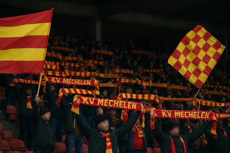 Supporters van KV Mechelen in het stadion tijdens een wedstrijd