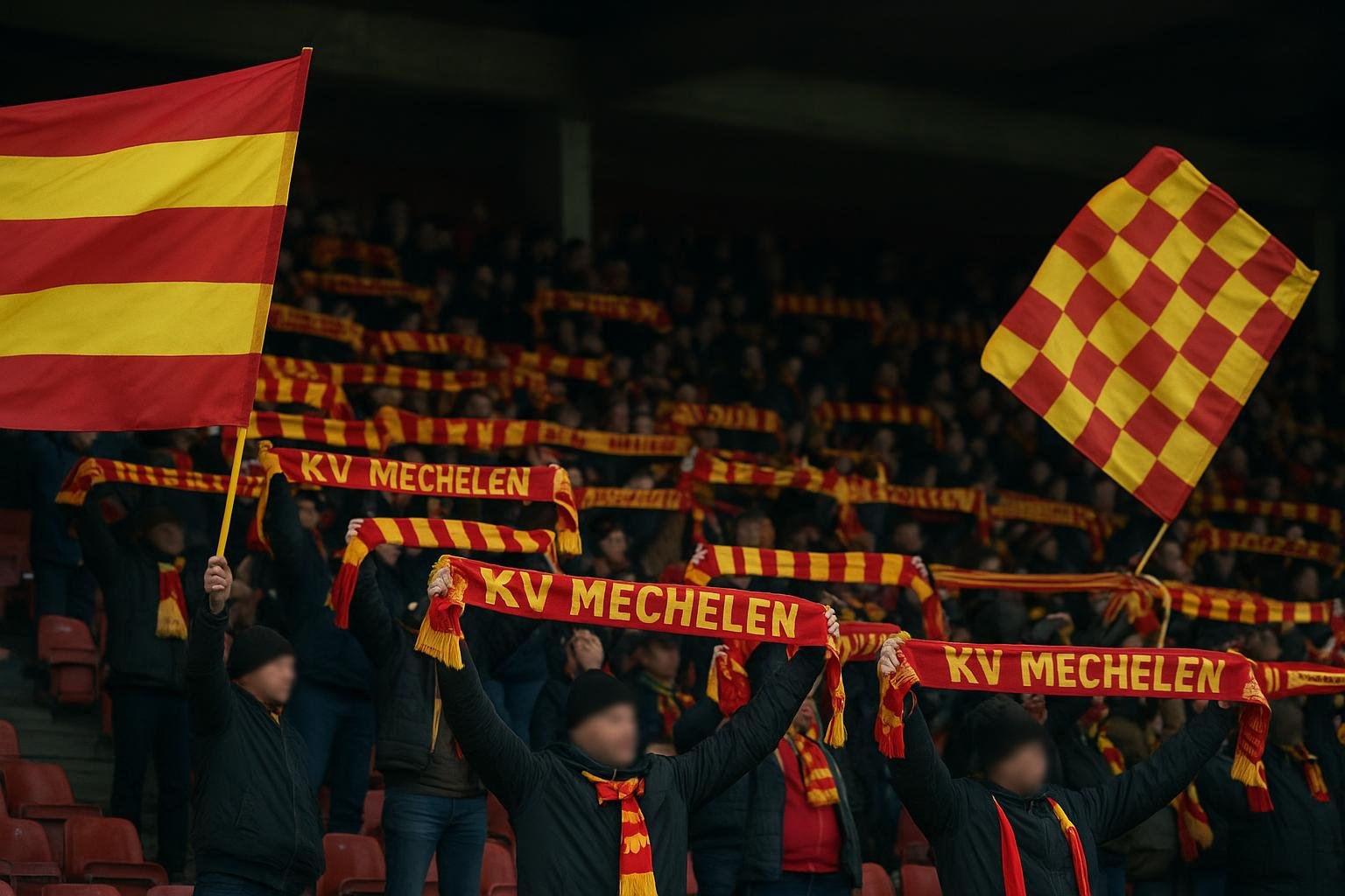 Supporters van KV Mechelen in het stadion tijdens een wedstrijd