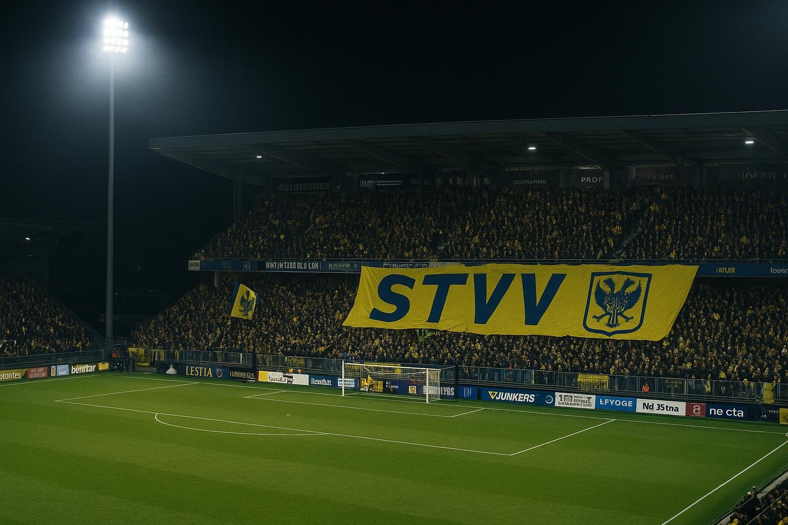 STVV-stadion in avondlicht tijdens een wedstrijd