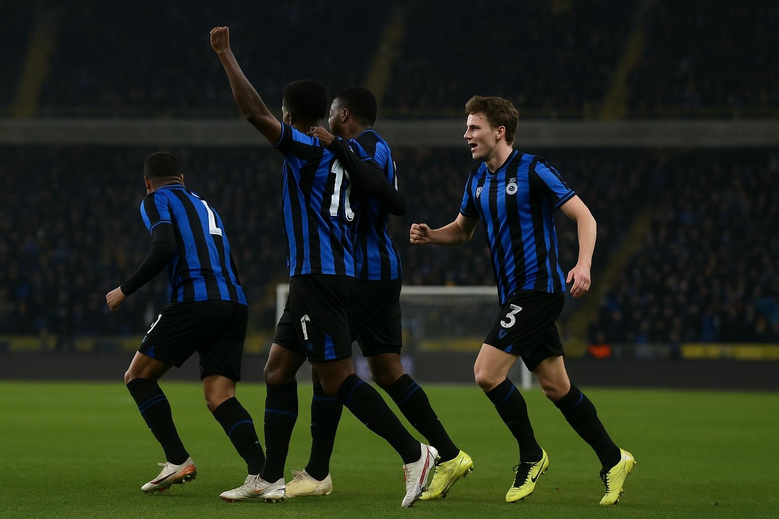 Spelers van Club Brugge vieren na de 1-4-zege tegen Kairat Almaty