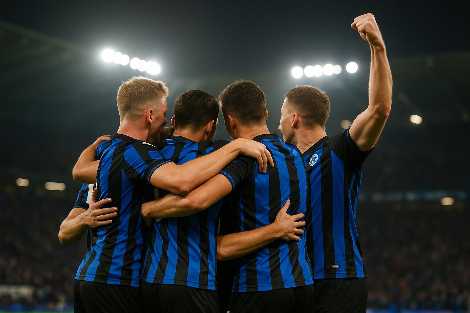 Spelers van Club Brugge vieren een doelpunt in een Europese wedstrijd