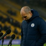 Pep Guardiola langs de zijlijn bij Manchester City na de nederlaag tegen Bodo/Glimt in de Champions League