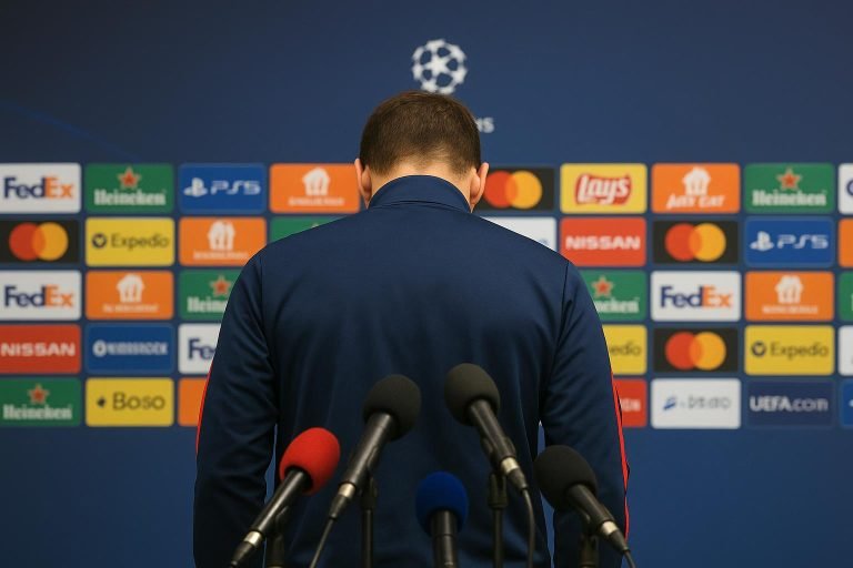 Luis Enrique tijdens een persmoment als coach van PSG na een Champions League-wedstrijd
