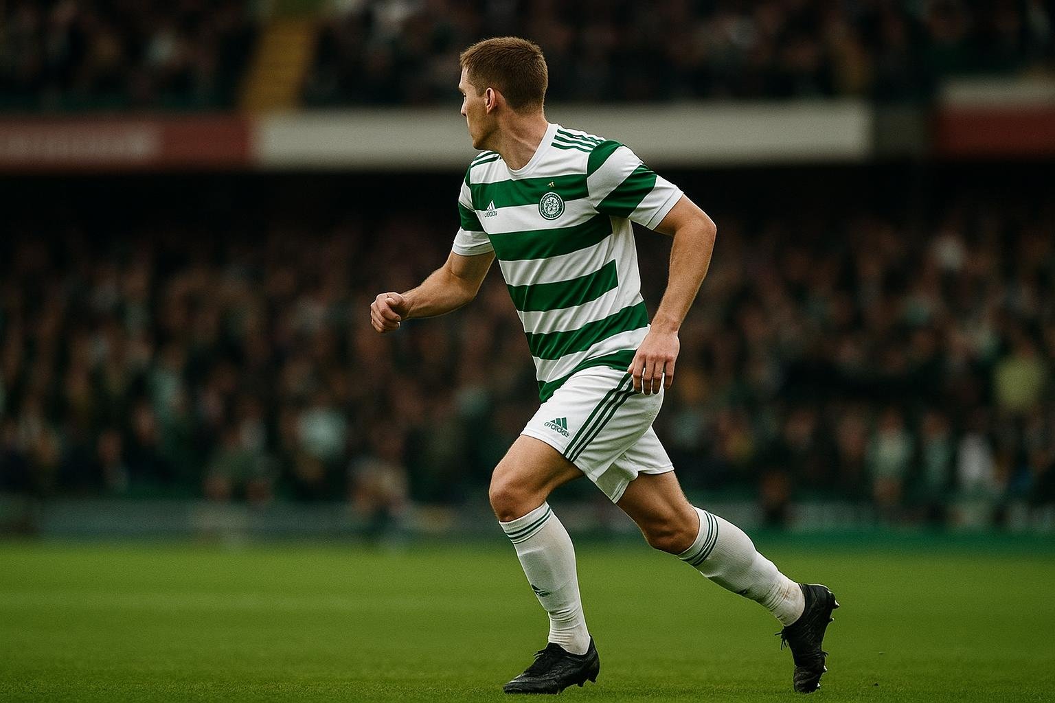 Arne Engels in actie in het shirt van Celtic tijdens een wedstrijd.