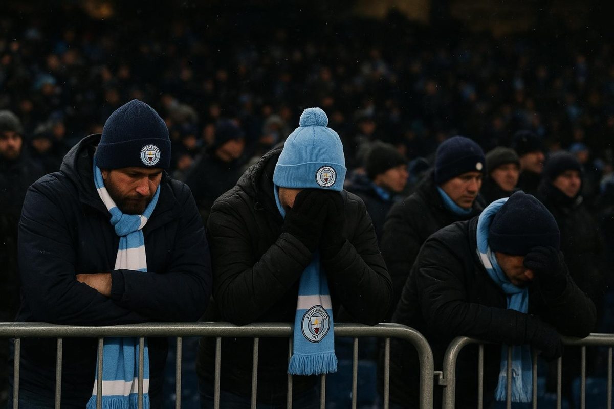 Meegereisde Manchester City-supporters in een koud stadion in Noorwegen tijdens een Europese uitmatch