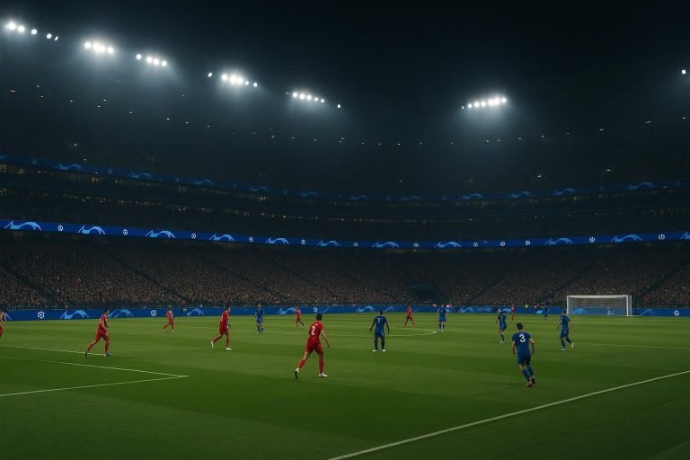 Sfeerbeeld van een Champions League-stadion met focus op het klassement en de slotdag