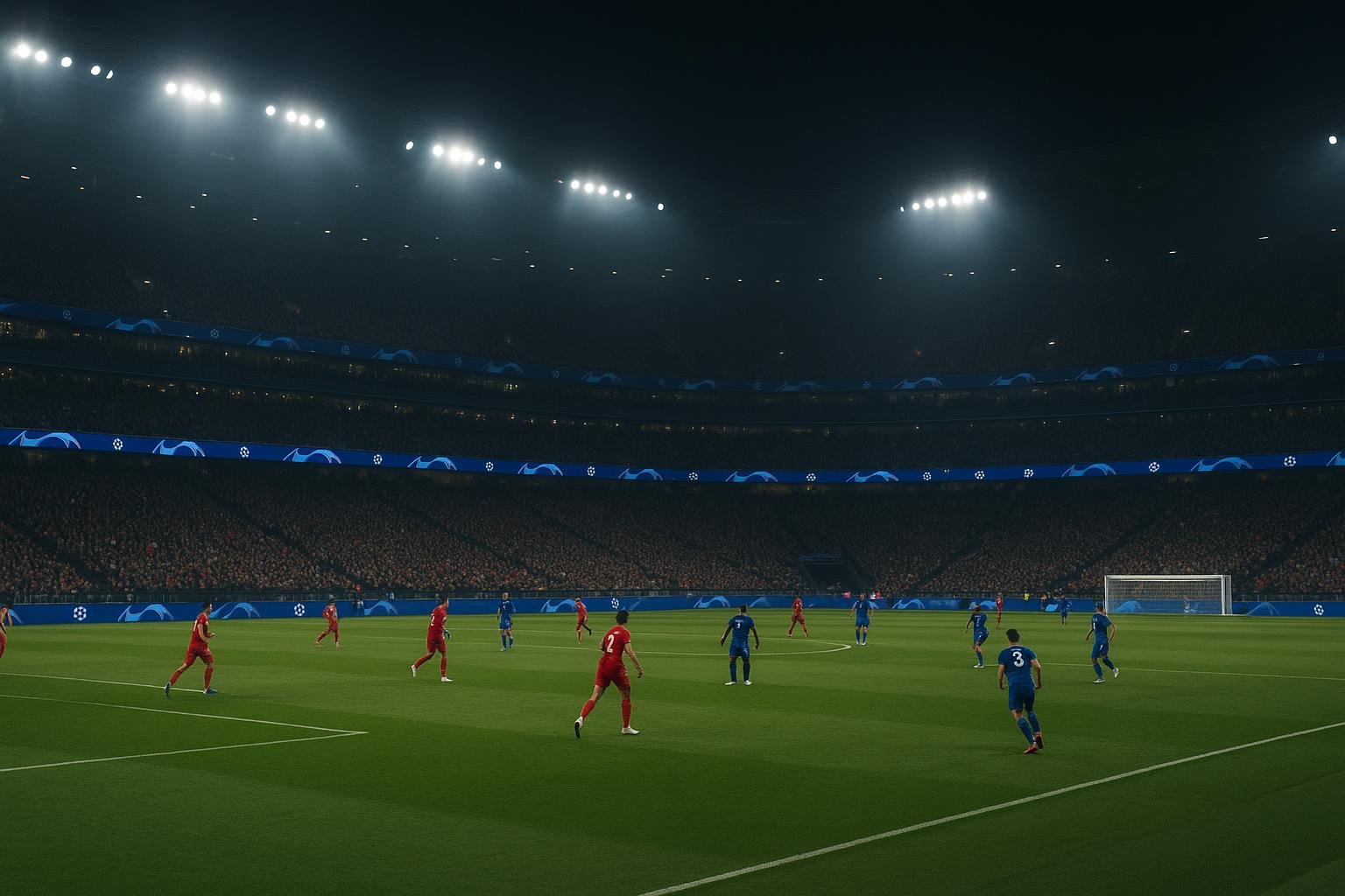 Sfeerbeeld van een Champions League-stadion met focus op het klassement en de slotdag