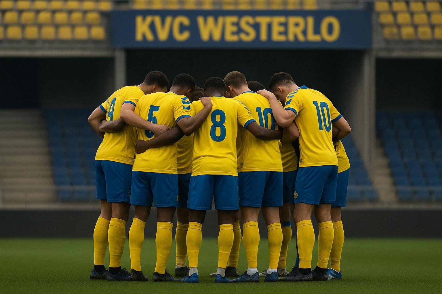 Spelers van KVC Westerlo vieren samen op het veld tijdens een wedstrijd, met onherkenbare gezichten.