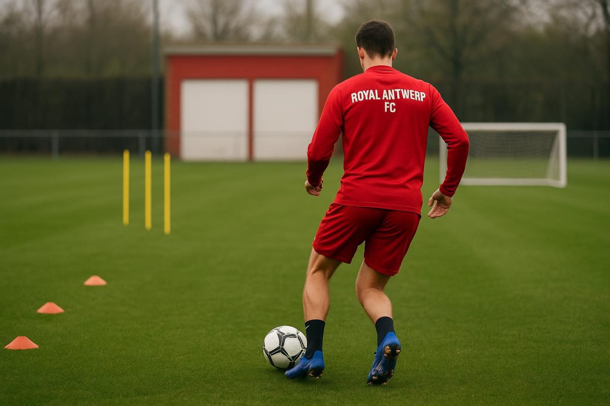 Jean Kindermans in een trainingscontext bij Royal Antwerp FC, met de focus op de jeugdwerking