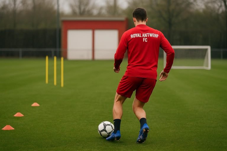 Jean Kindermans in een trainingscontext bij Royal Antwerp FC, met de focus op de jeugdwerking
