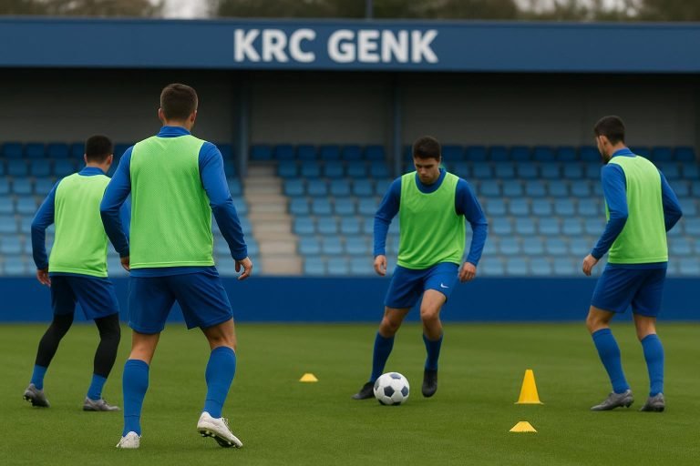 Training op het veld bij KRC Genk met spelers zonder herkenbare gezichten