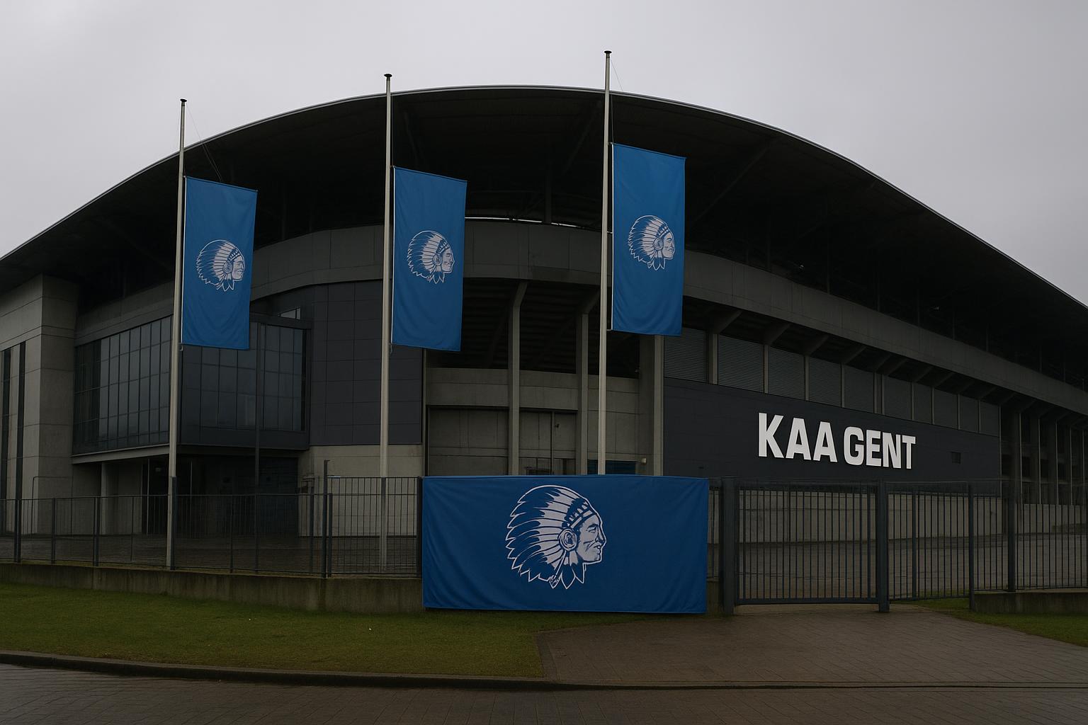 Sfeervol beeld van het stadion van KAA Gent in een ingetogen rouwsfeer