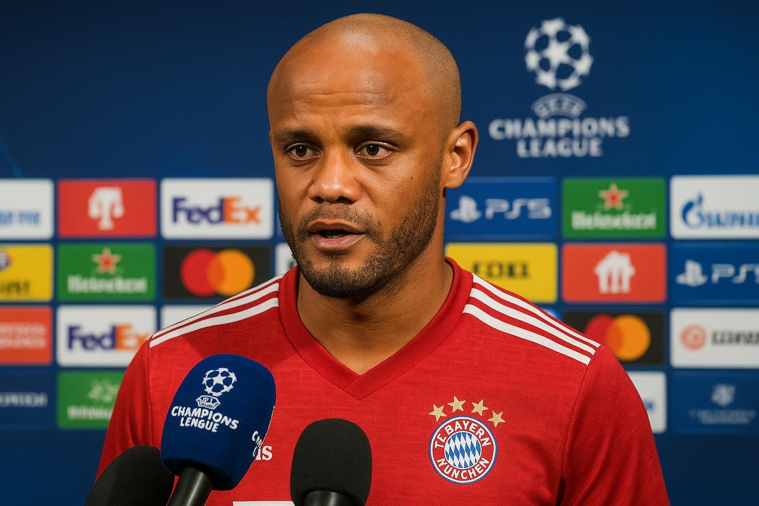 Vincent Kompany, trainer van Bayern München, spreekt met de pers na een Champions League-wedstrijd.