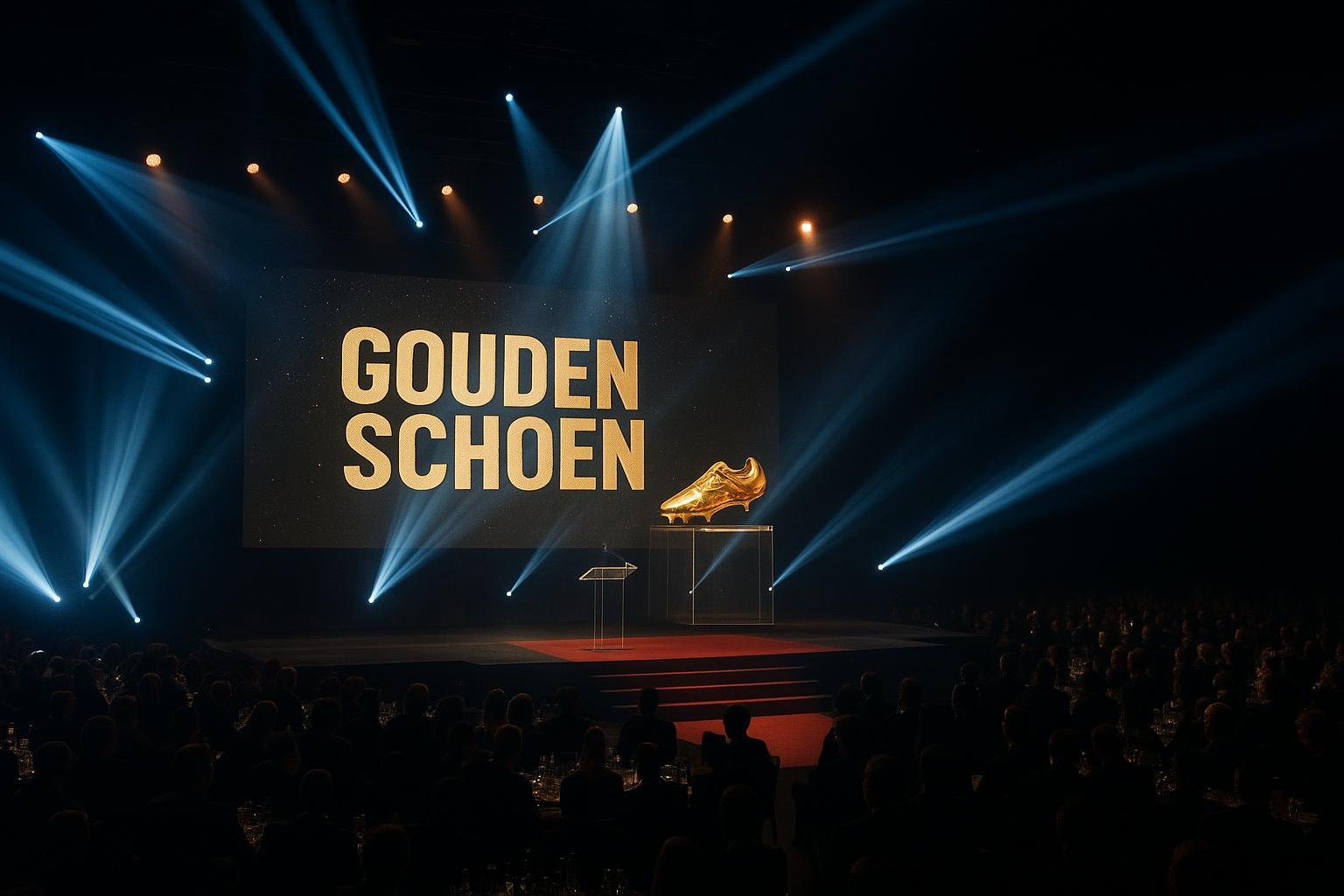 Indoor gala-zaalscène met trofee op verlicht podium
