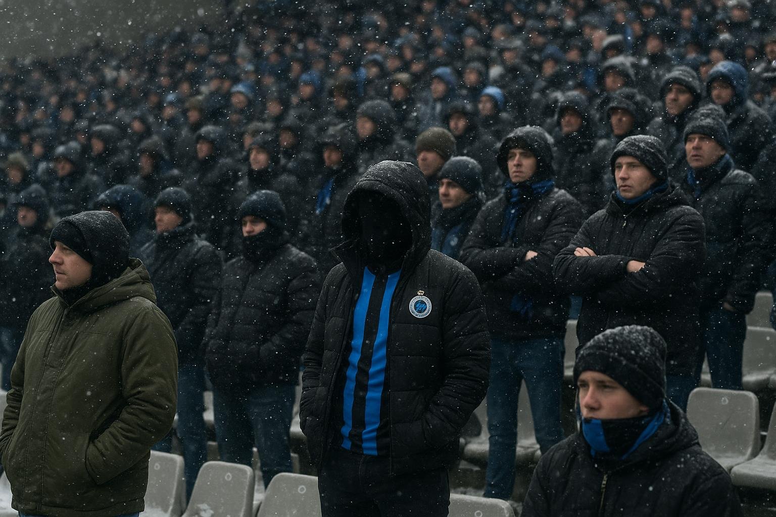 Supporters van Club Brugge in een besneeuwd stadion tijdens een uitwedstrijd, zonder herkenbare gezichten.