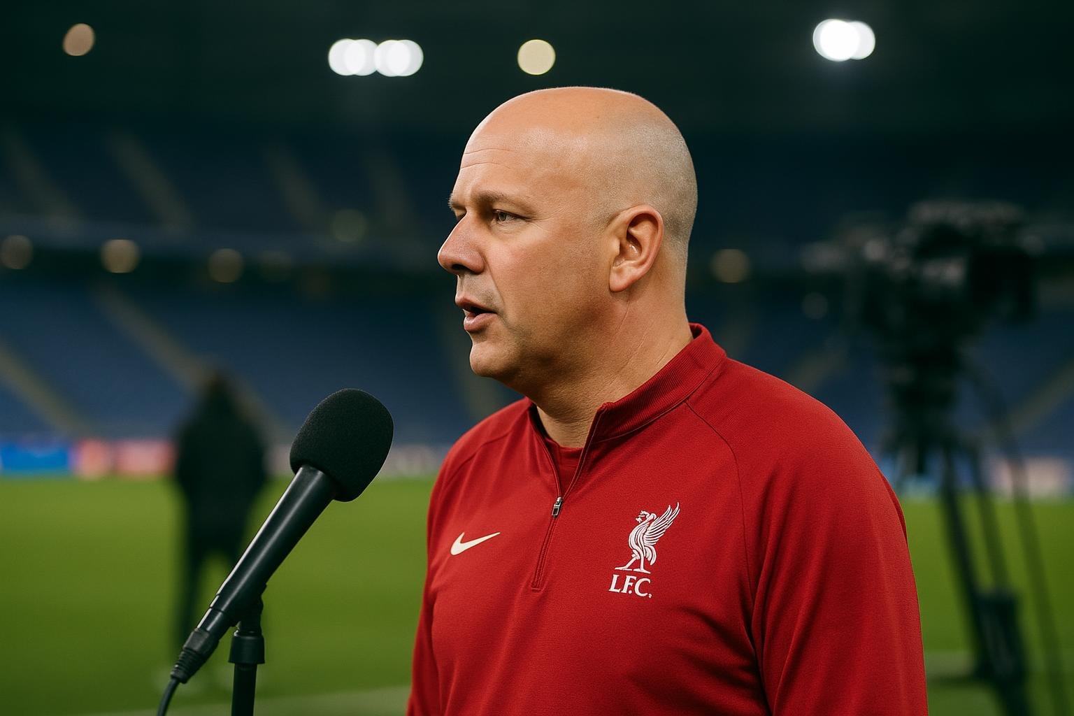 Arne Slot van Liverpool tijdens een tv-interview na de match