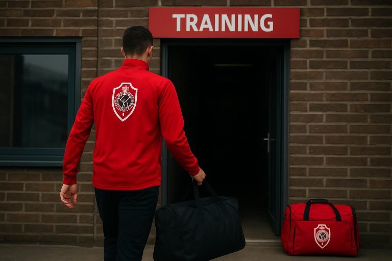 Defensiespeler in trainingscontext met clubkleuren van Antwerp en STVV zonder herkenbare gezichten