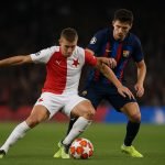 Spelers van Slavia Praag en FC Barcelona in een Champions League-duel zonder herkenbare gezichten