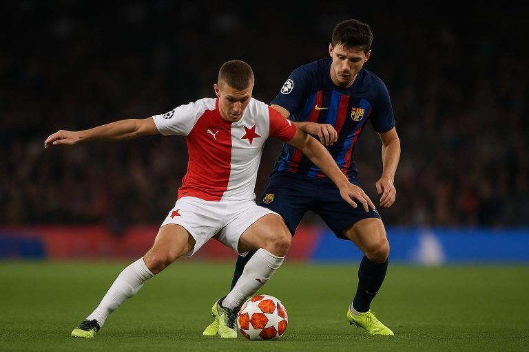 Spelers van Slavia Praag en FC Barcelona in een Champions League-duel zonder herkenbare gezichten