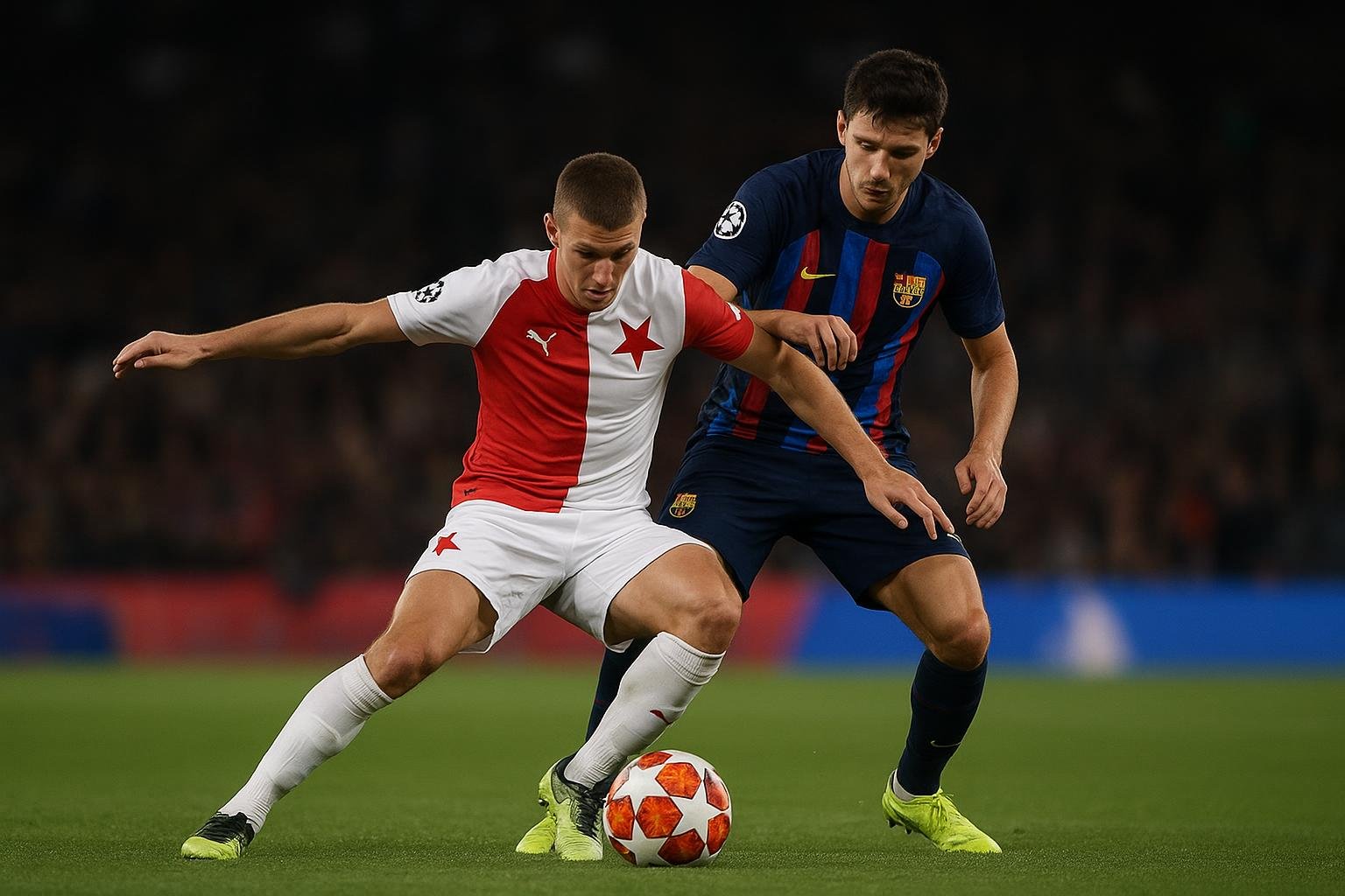 Spelers van Slavia Praag en FC Barcelona in een Champions League-duel zonder herkenbare gezichten