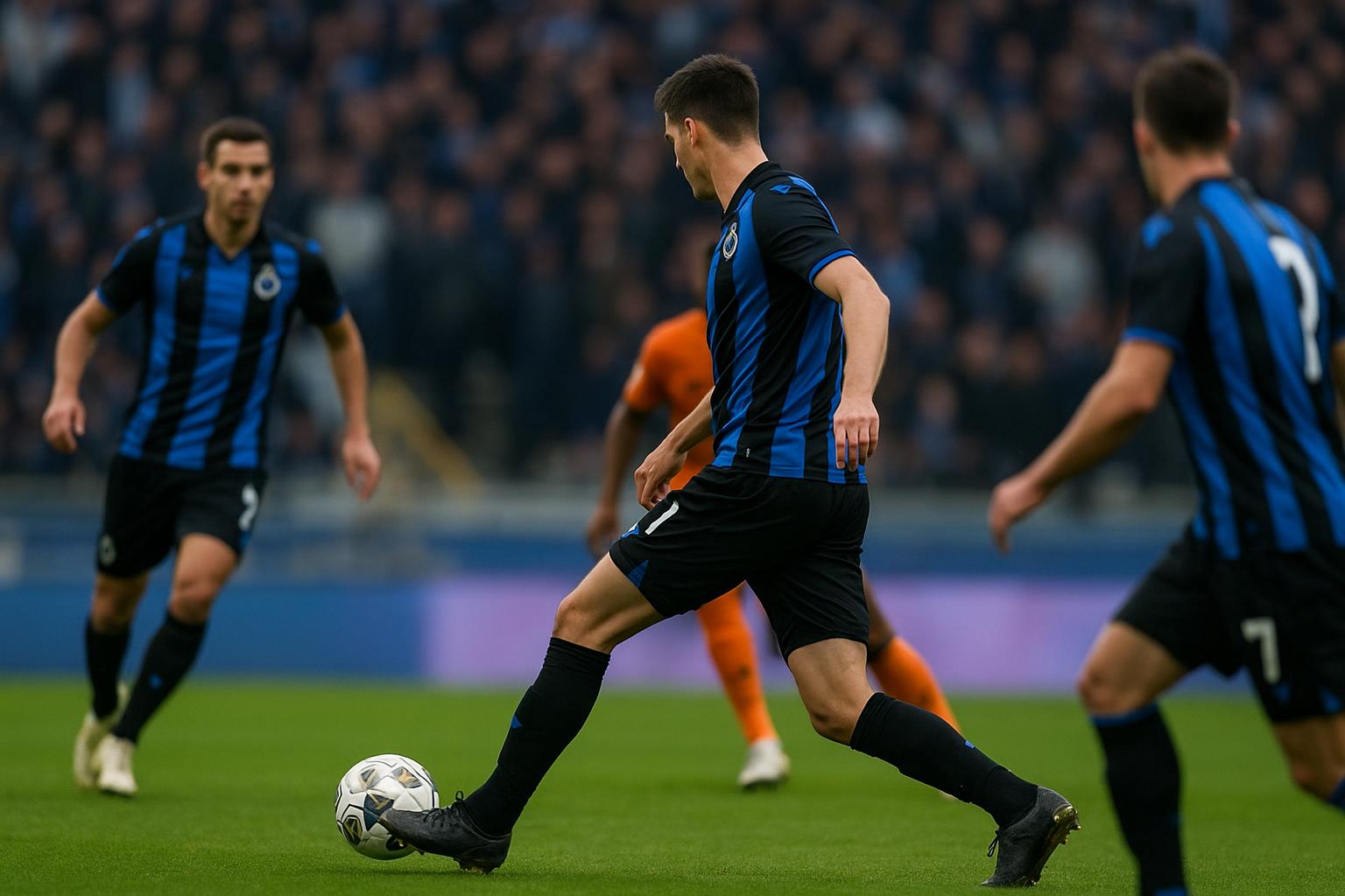 Spelmoment van Club Brugge in een vol stadion, met focus op de aanvalslinie