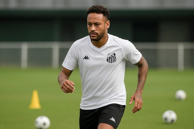Neymar op het trainingsveld bij Santos tijdens een sessie in aanloop naar zijn terugkeer.