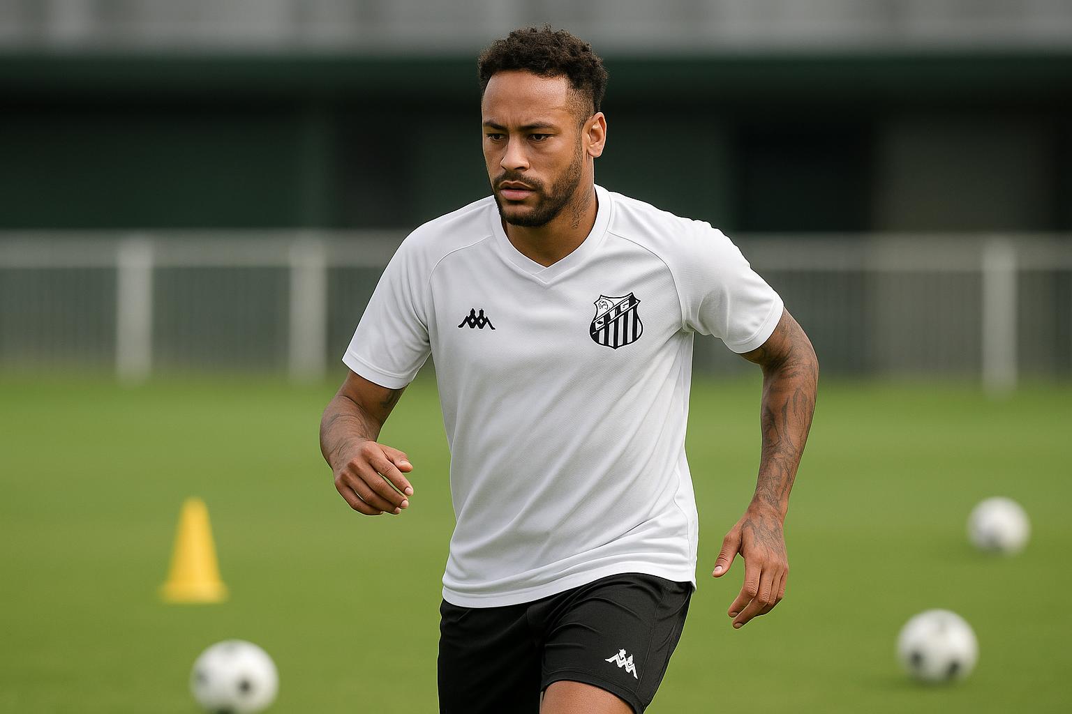 Neymar op het trainingsveld bij Santos tijdens een sessie in aanloop naar zijn terugkeer.